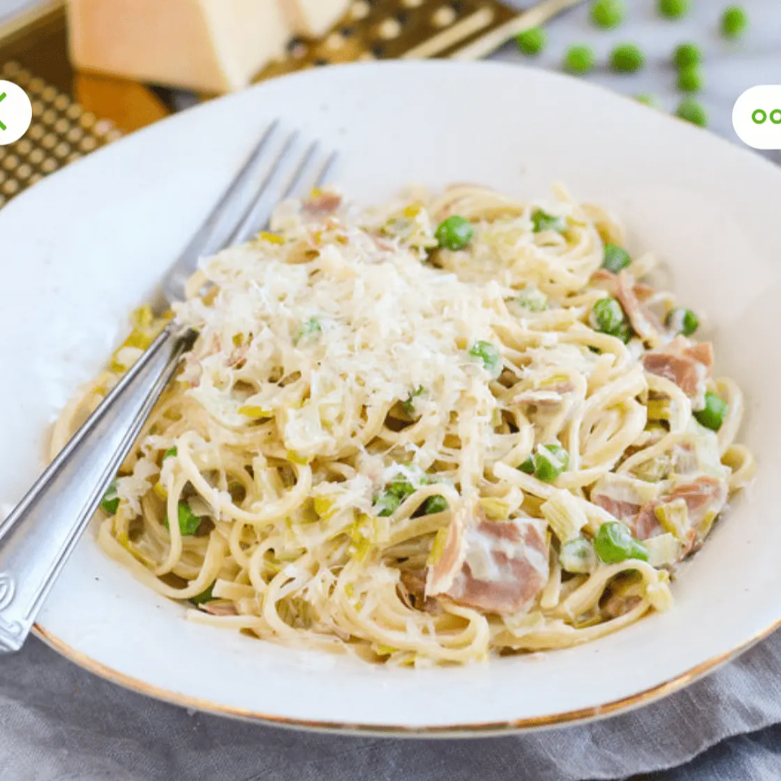 Creamy Leek, Prosciutto & Pea Linguine with Parmesan
