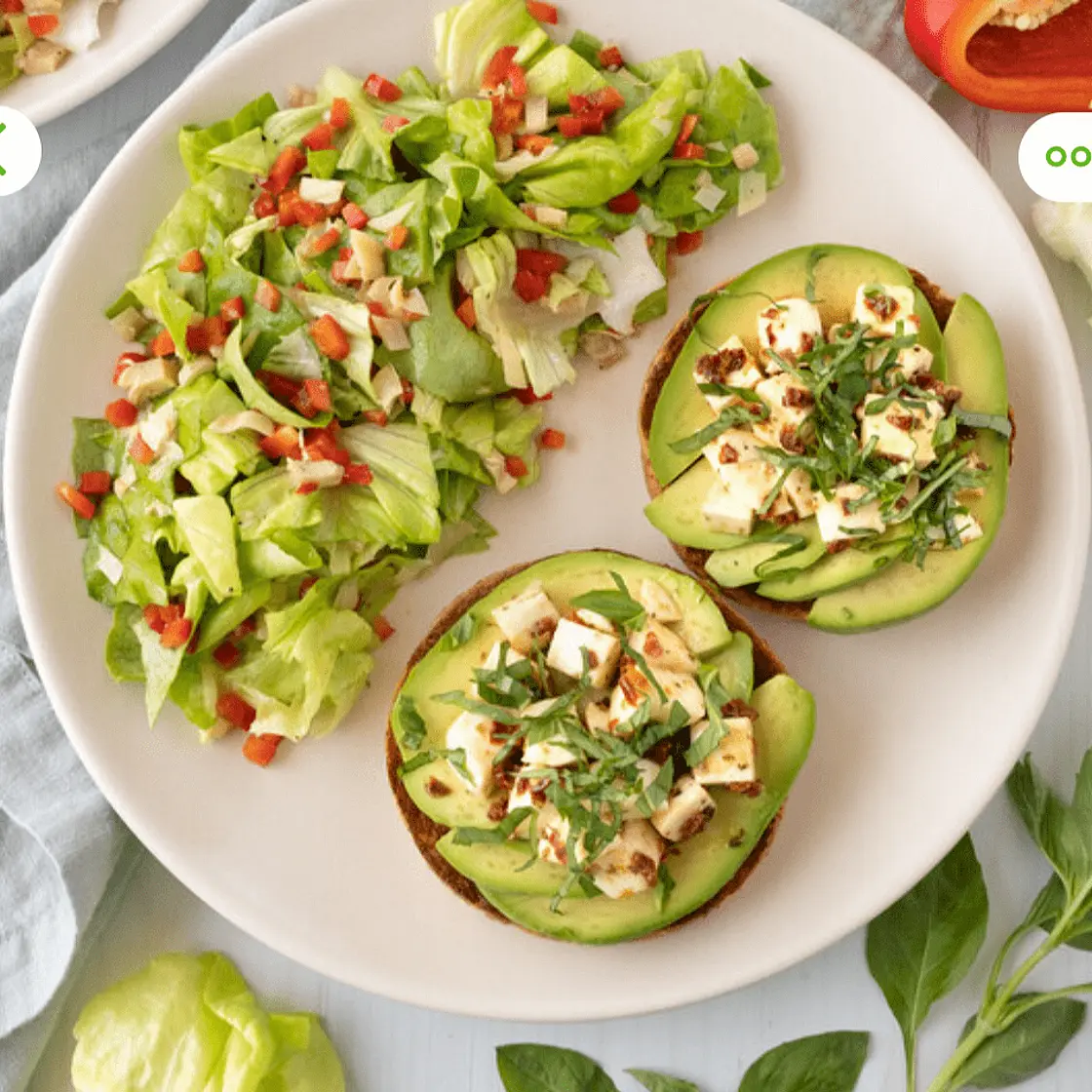 Garlic-Avocado Toast with Marinated Mozzarella, Basil & Side Salad