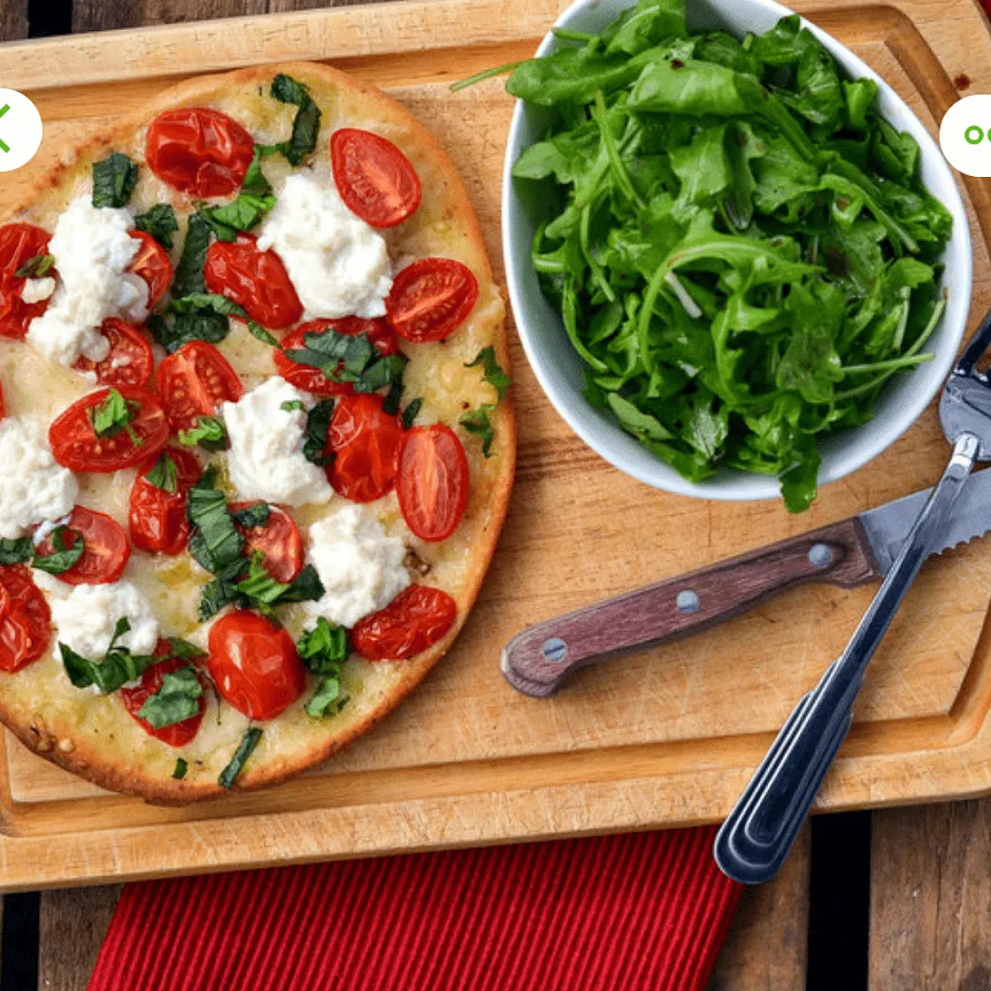 Grape Tomato, Basil & Ricotta Flatbread Pizza with Arugula Salad