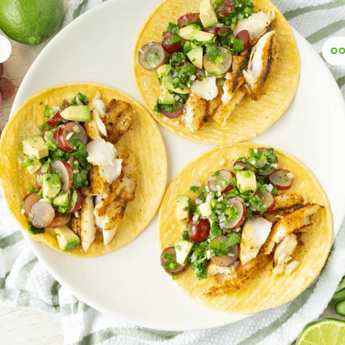 Grilled Fish Tacos with Spicy Avocado, Grape & Cilantro Salsa