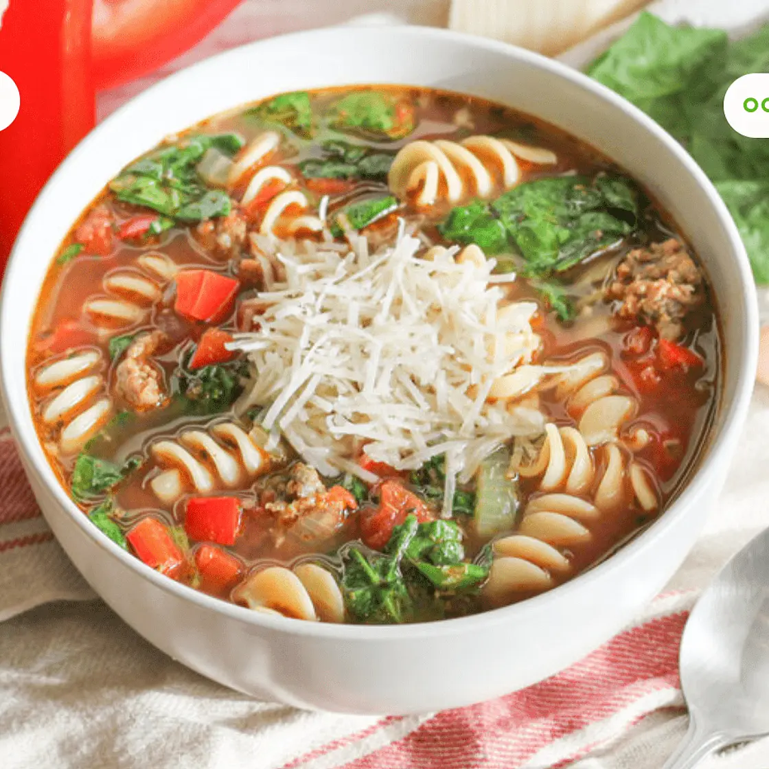 Italian Sausage Soup with Rotini Pasta, Bell Pepper, Tomato & Spinach