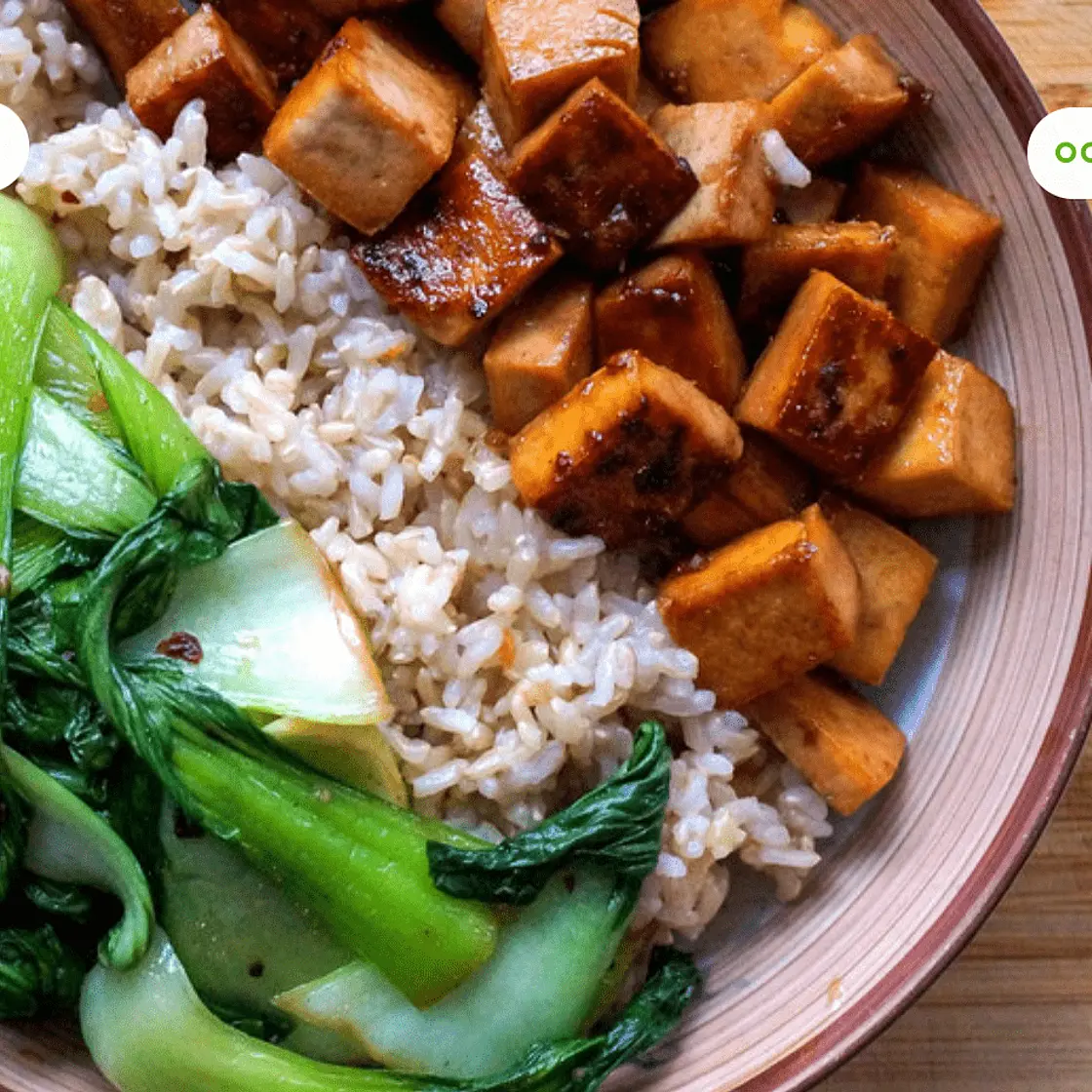 Maple Glazed Tofu with Garlic Sautéed Bok Choy & Basmati Rice