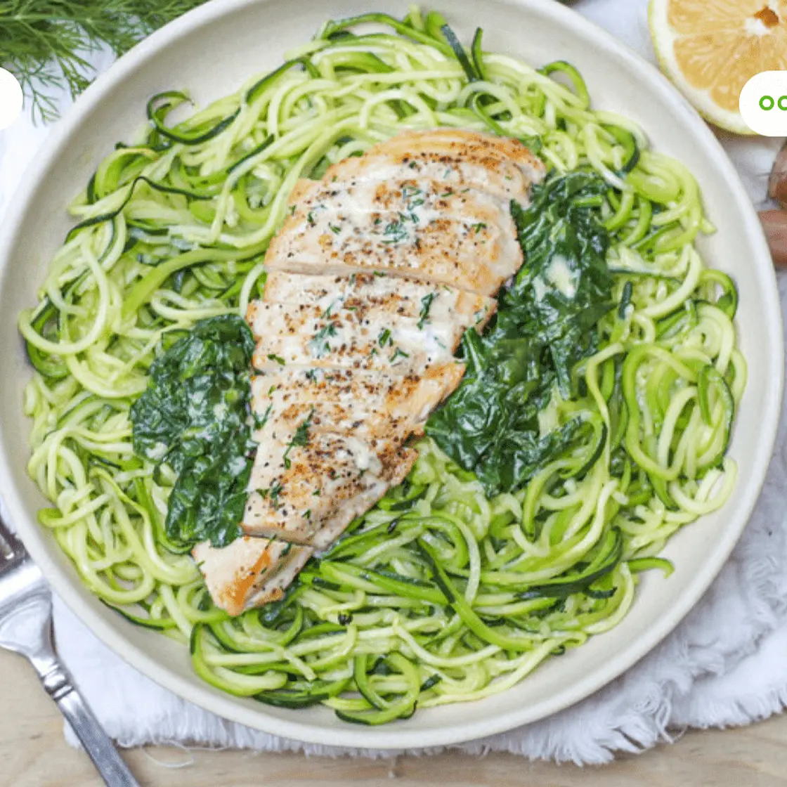Pan-Seared Chicken with Zucchini Noodles & Creamy Lemon-Dill Spinach