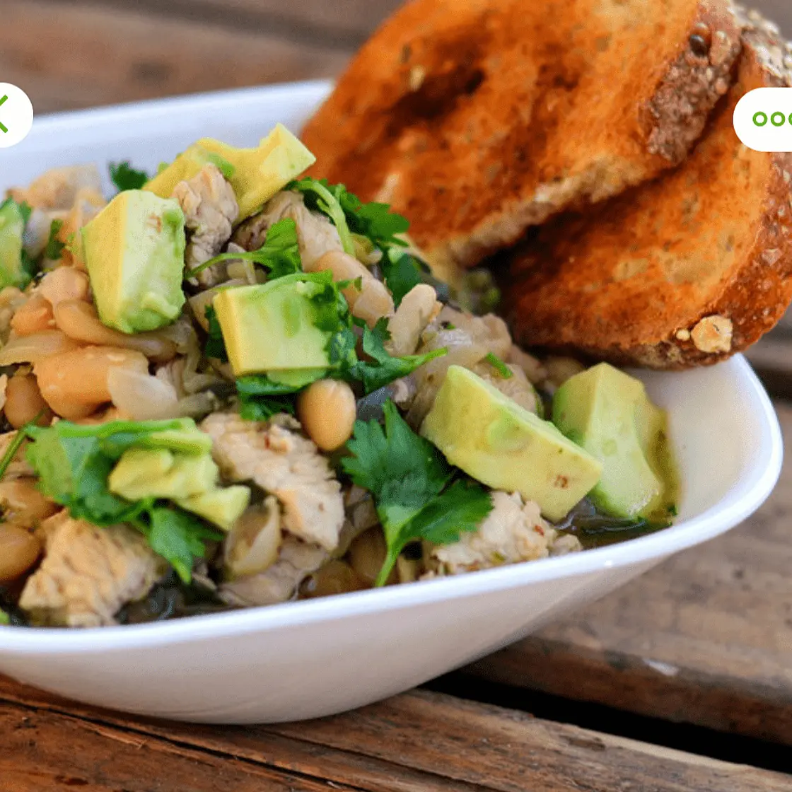 Southwest White Chicken Chili with Avocado & Crusty Bread