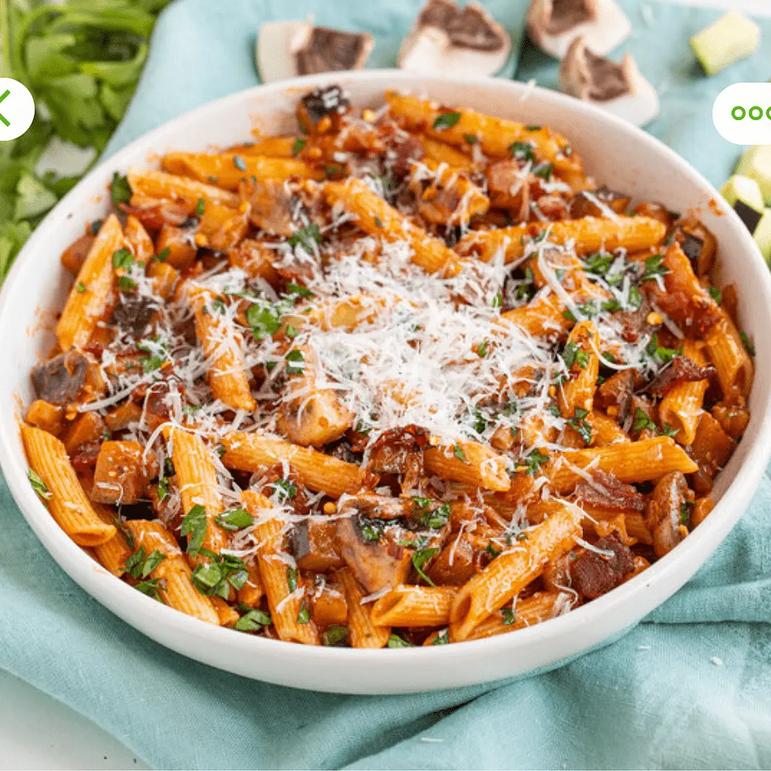 Spicy Bacon, Eggplant & Mushroom Pasta (Amatriciana) with Parsley