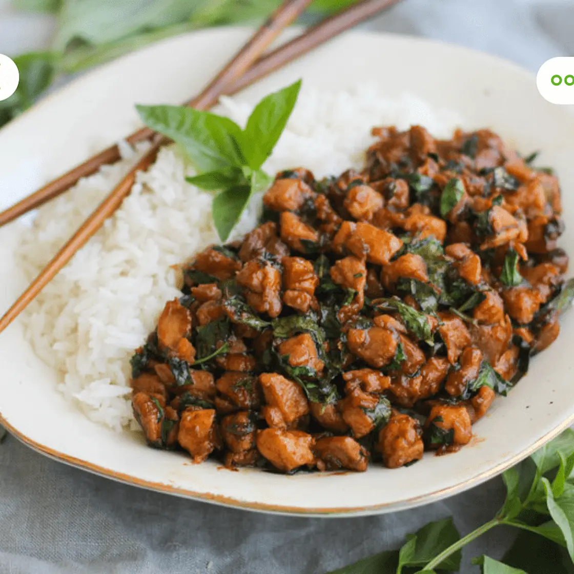 Spicy Thai Basil Chicken with Baby Spinach & Rice