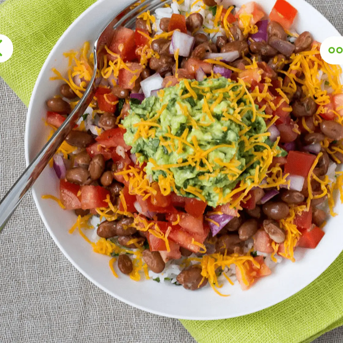 Veggie Burrito Bowl with Salsa, Guacamole & Cheddar