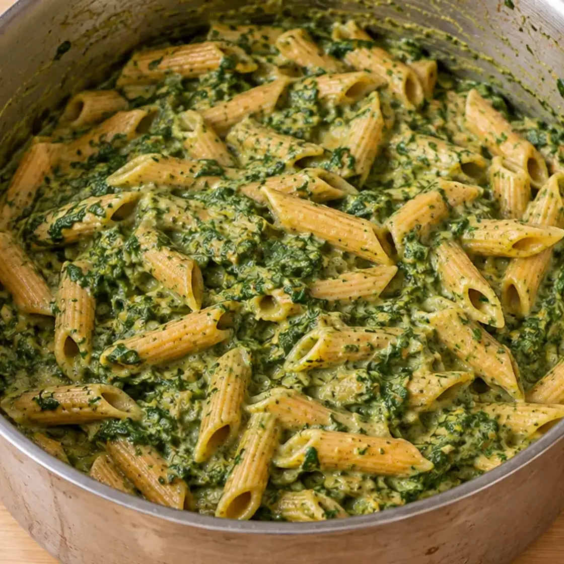 High Protein Quick Creamy Red Lentil Penne with Spinach
