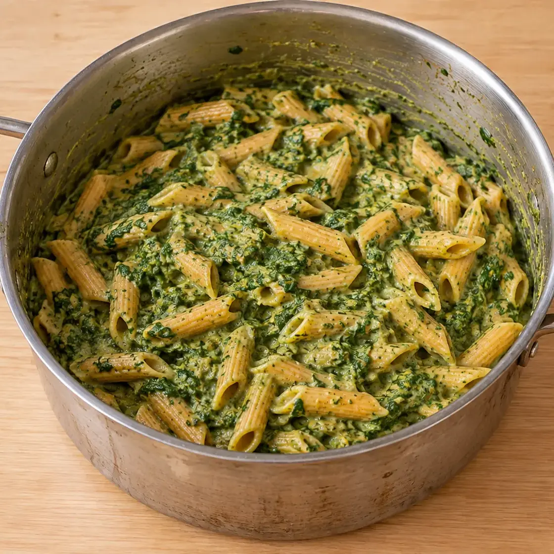 High Protein Quick Creamy Red Lentil Penne with Spinach