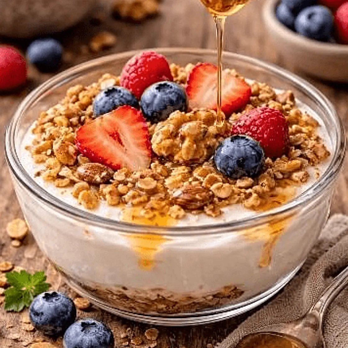 Flavoured yoghurt, homemade granola and honey