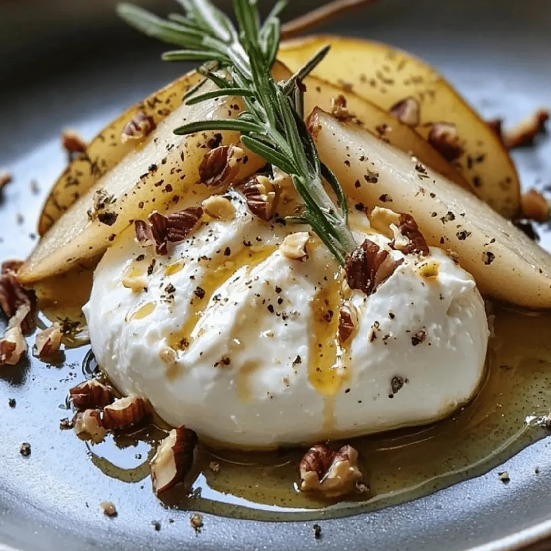 Burrata sur poires rôties au miel et romarin, éclats de noisette