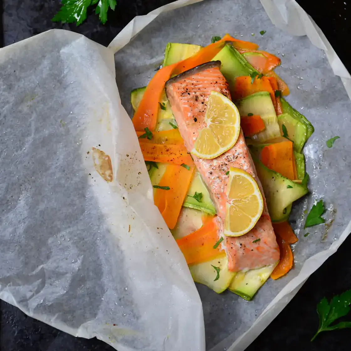 Saumon en Papillotes aux petits légumes