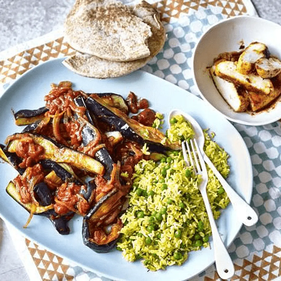 Aubergines in Tamarind Sauce with Baked Halloumi & Saffron Rice
