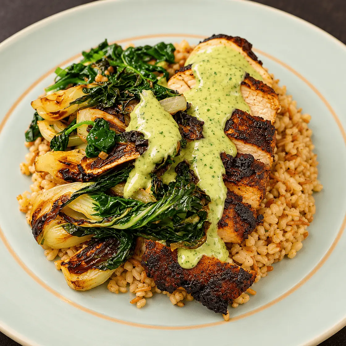 Sumac Chicken over Toasted Bulgur with Charred Bok Choy & Herb Tahini