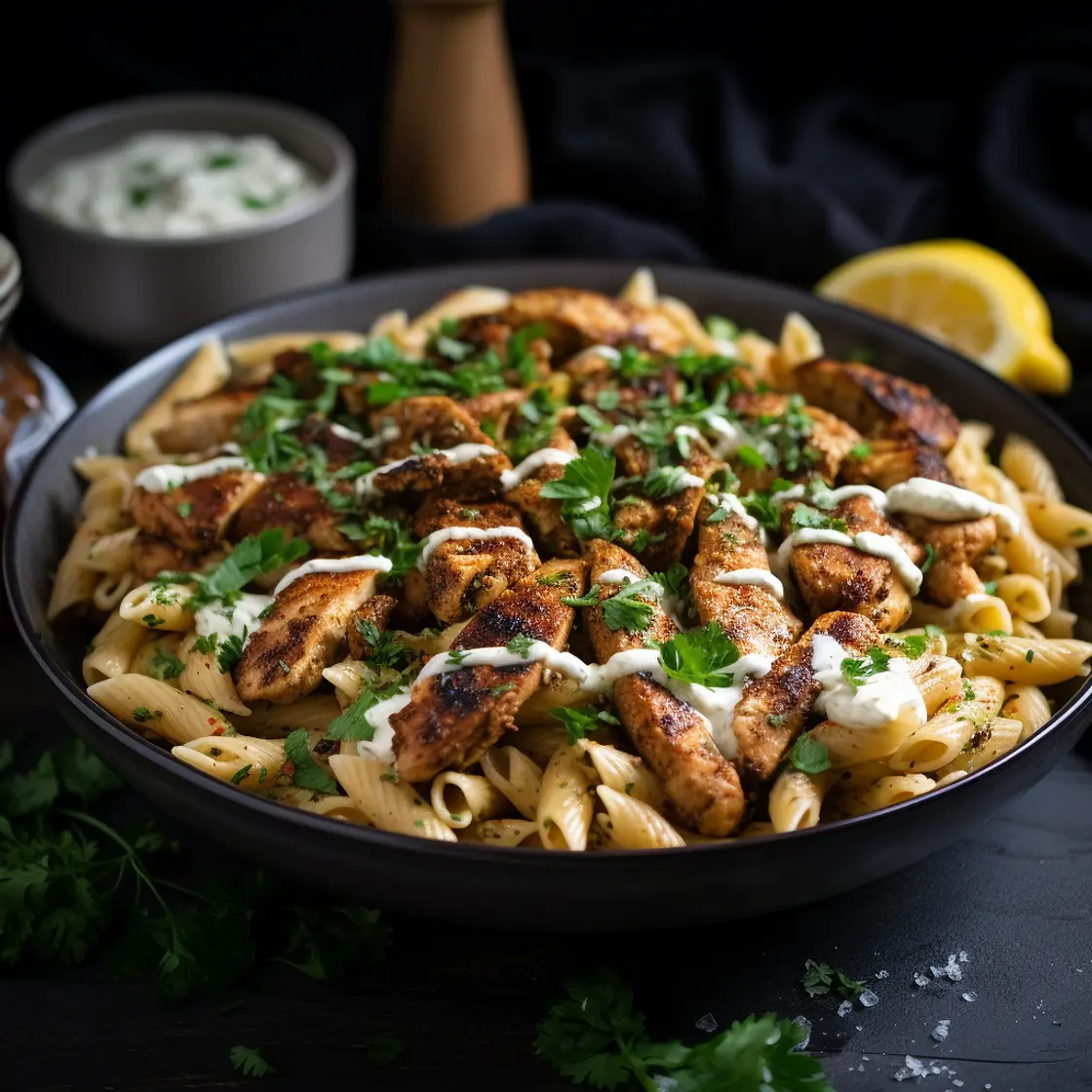 Chicken shawarma pasta with shawarma spiced halal chicken penne in a garlic tomato sauce with fresh herbs