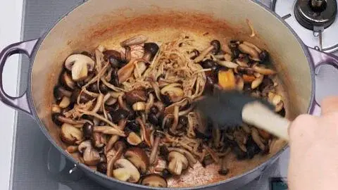 Remove the lid and turn up the heat to boil off the liquid. Continue sauteing the mushrooms until they’re golden brown (another 10-15 minutes). Transfer the mushrooms to a bowl and set them aside.