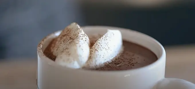 Pour into a mug, topped with whipped cream and dust with cocoa powder or finely grated/chopped chocolate flakes.