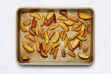 • Toss potatoes on a baking sheet with a large drizzle of oil, salt, and pepper. Roast on top rack until golden brown and crispy, 20-25 minutes. • Meanwhile, in a small bowl, combine mayonnaise, sour cream, and half the garlic powder (you’ll use the rest later). Season with salt and pepper.