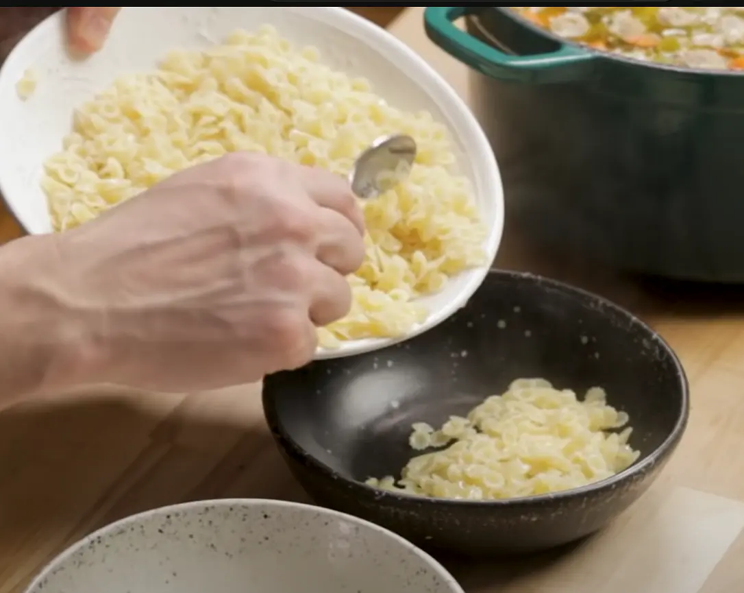 Cook the pasta/noodles in a separate pot of boiling water until al dente. (This will ensure that leftovers won’t have soggy noodles!) Strain the pasta and serve in a bowl with chicken soup!