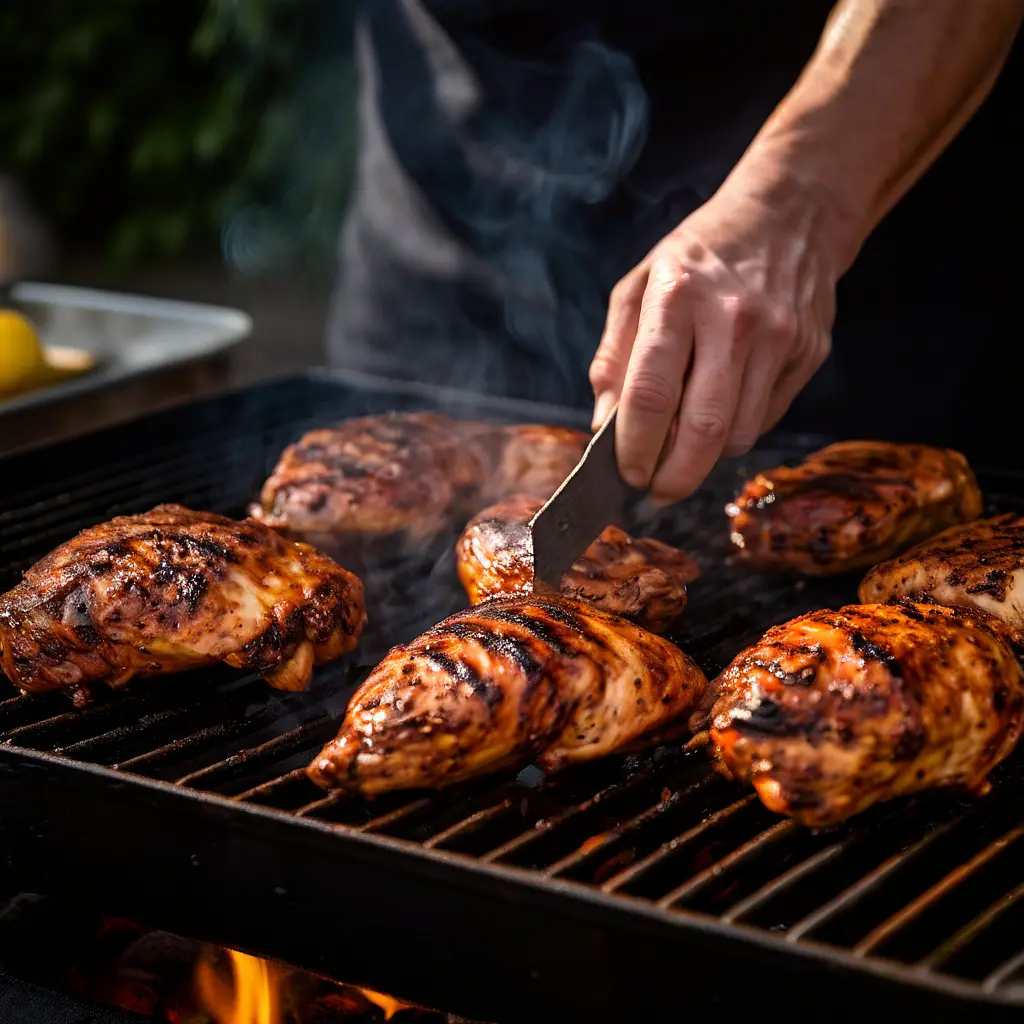 4. **Grill the Chicken:** - Remove the chicken breasts from the marinade, letting any excess drip off. - Place the chicken on the grill. - Grill for about 6-7 minutes per side, or until the chicken reaches an internal temperature of 165°F (75°C) and is no longer pink in the center.