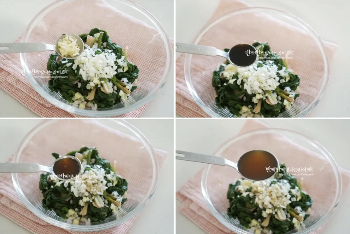 국간장 1 작은 술, 참치액 1 작은 술, 간 마늘 2/3 작은 술, 다진대파 참기름 1 큰 술, 깨소금 1/2 큰 술 넣어줍니다.