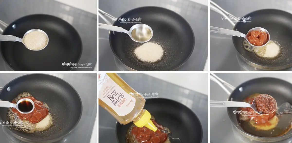 황설탕 1 큰 술, 고추장 1 큰 술, 케첩 2 큰 술, 조청(물엿) 1 큰 술, 진간장 2/3 작은 술, 물 1 큰 술을 넣어 소스를 만들어 줍니다.