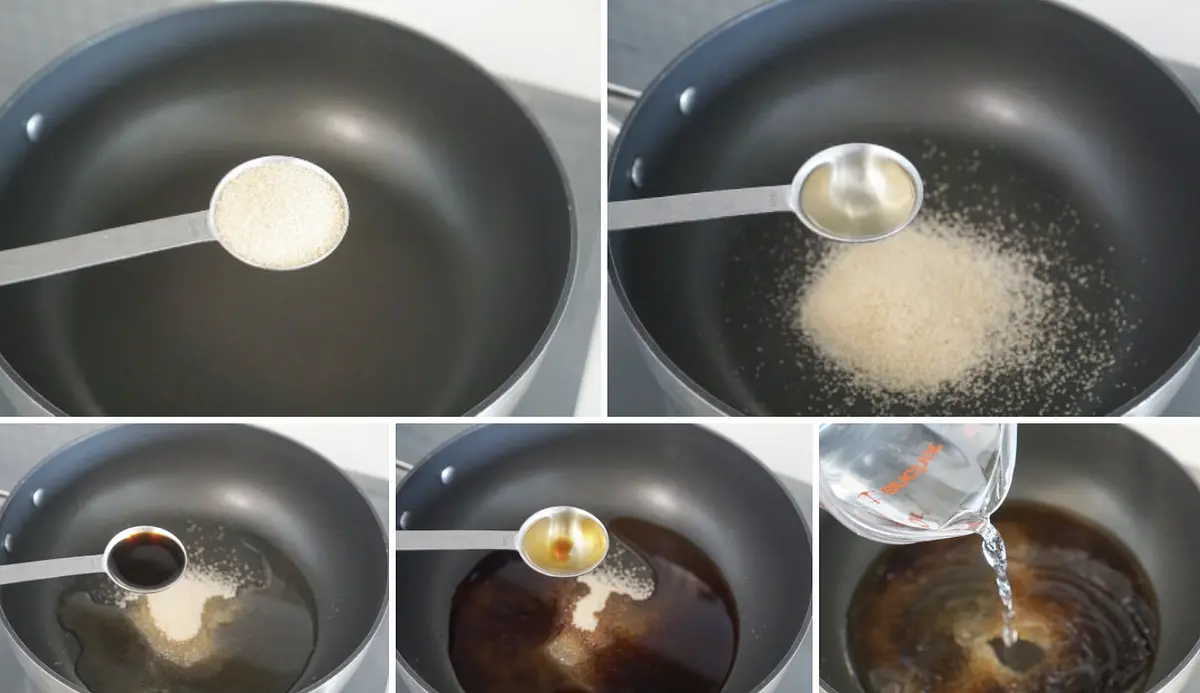 깊은 팬에 진간장 5큰술,설탕 4큰술, 맛술 5큰술, 물 1½컵을 넣어줍니다.