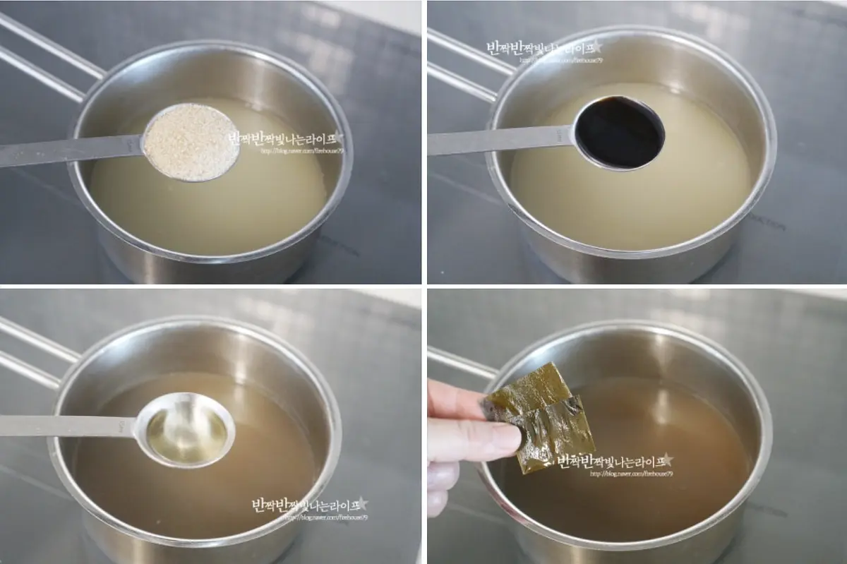 진간장 4 큰 술, 황설탕 1 큰 술, 맛술 2 큰 술, 다시마 2~3조각을 넣어줍니다.