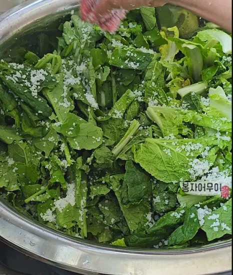 열무와 얼갈이를 깨끗이 씻어 소금과 물을 섞어 절여주세요. 약 2시간 정도 절여 숨이 죽도록 둡니다.