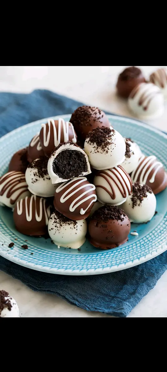 Step 1 combine the Oreos in a blender and blend until they look like breadcrumbs, then add the cream cheese and mix until fully combined Step 2 put the mix into a medium size bowl and and roll into balls and place on a tray u should make about 18 Pop them in the freezer for half an hour to rest. About 5 mins before taking out the Oreo balls place another medium sized bowl on top of a deep pan half full of boiling water, turn the heat up place the chocolate in and cook until completely melted. Use two spoons to dip the Oreos in the chocolate put onto the tray u used before and pop into the fridge for another half a hour. Take out and decorate with sprinkles or white chocolate. Enjoy