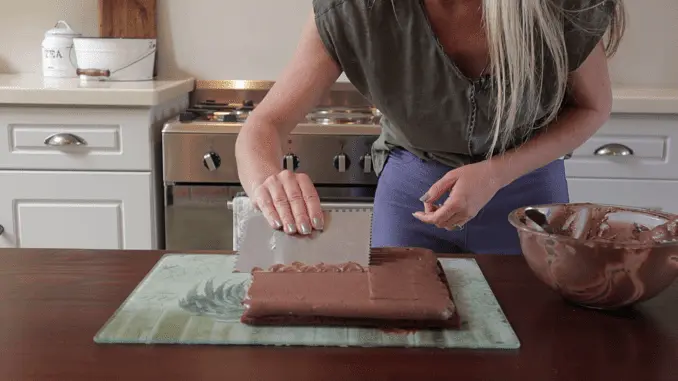 Place the mousse in a piping bag with a big round piping tip (roughly 1cm). Fill the bag with half the mousse, and pipe lines over the top of one of the cake layers. Smooth it off using a scraper, creating a perfectly level layer of mousse.