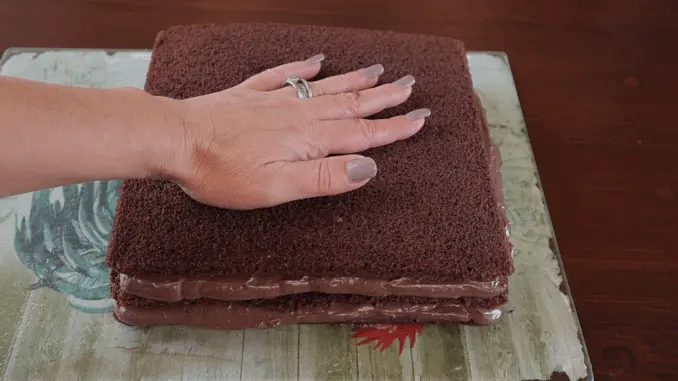 Lastly, add the third layer of cake on top, and place it in the fridge to continue setting for a few minutes.