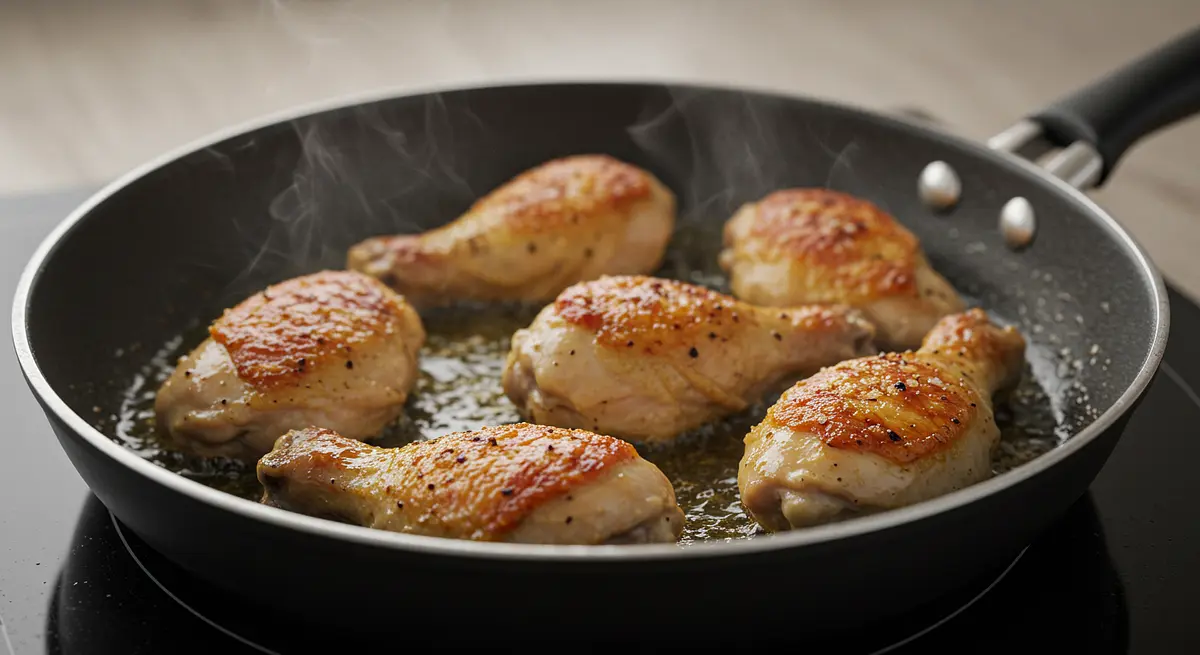 Faire dorer le poulet dans une poêle avec l’huile d’olive, saler et poivrer, puis réserver.
