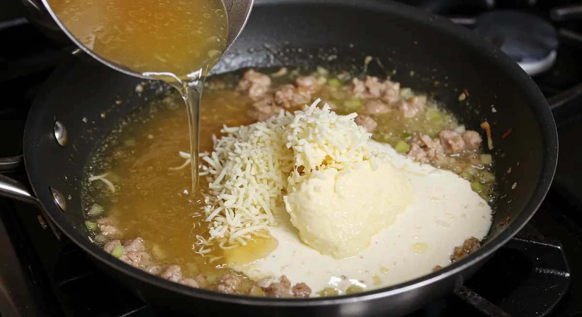 Déglacer avec le bouillon de volaille, laisser réduire, puis ajouter la cancoillotte et la crème.