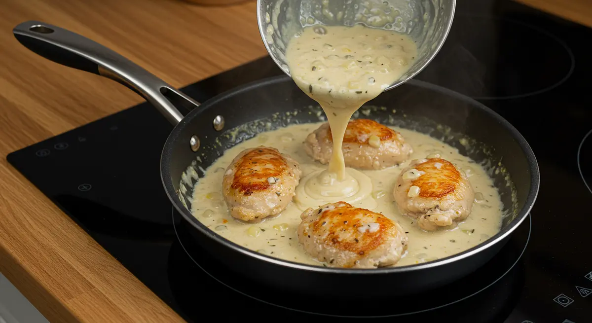 Remettre le poulet dans la poêle, bien enrober de sauce et laisser mijoter 10 minutes.