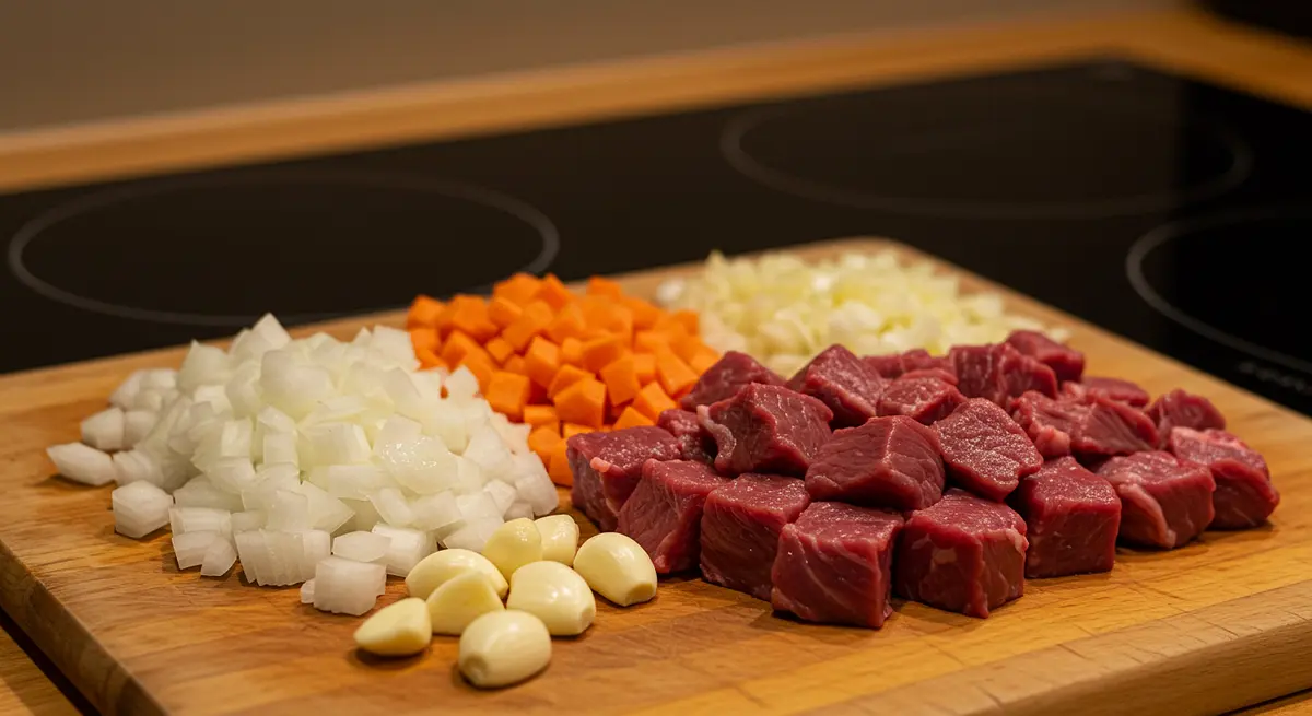 Hacher finement les oignons, les carottes, et l'ail. Couper le bœuf en cubes.