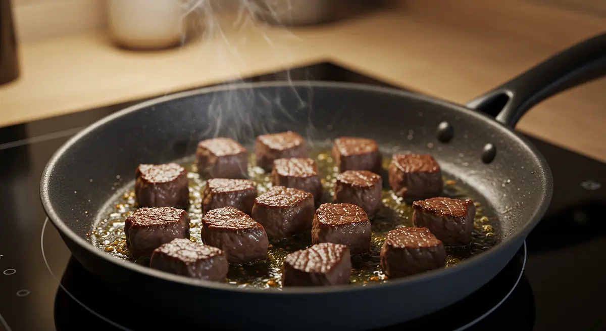 Faire dorer les cubes de bœuf dans une grande poêle avec l'huile d'olive, saler et poivrer. Réserver.