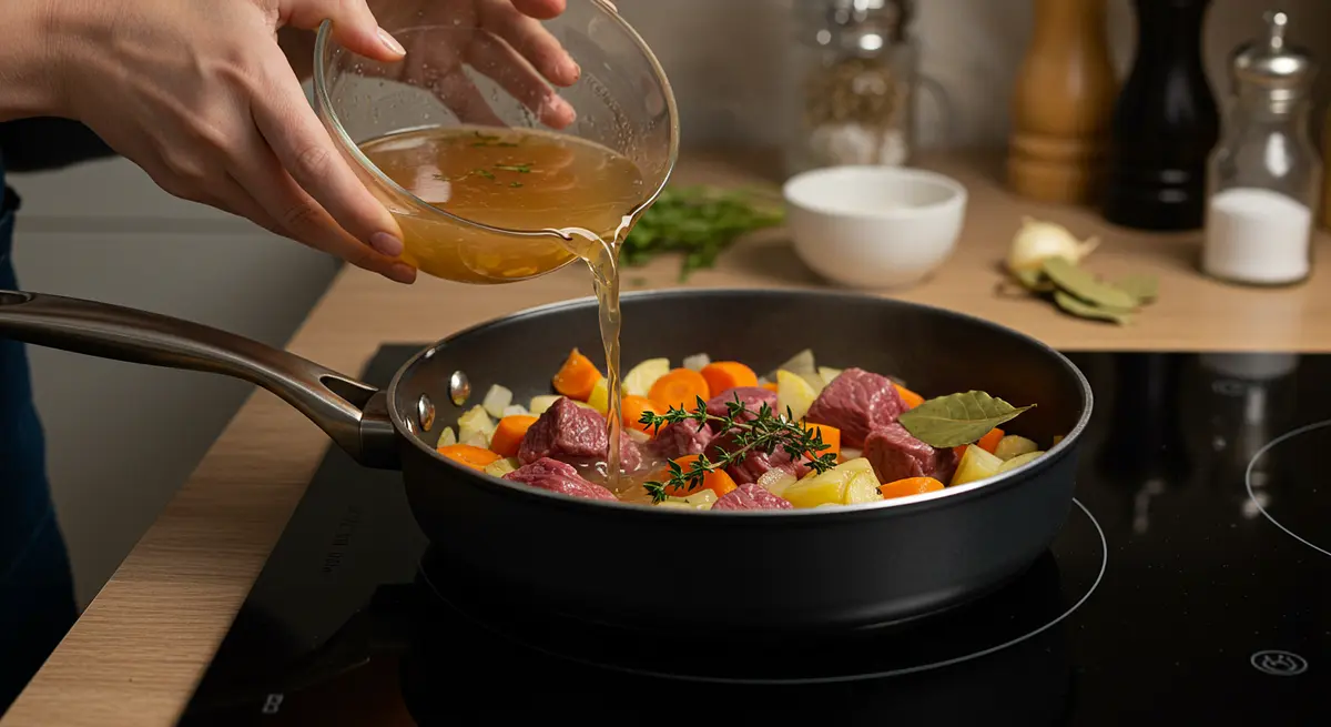 Ajouter le bouillon de bœuf et le bouquet garni, puis porter à ébullition. Réduire le feu et laisser mijoter.