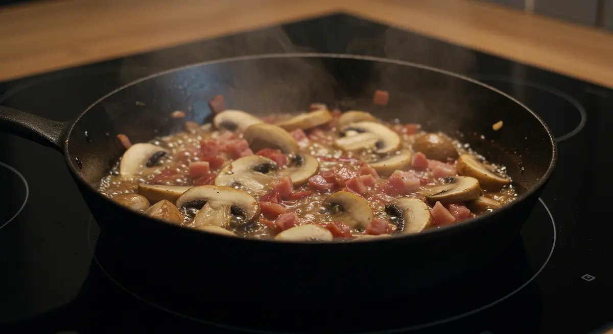 Ajouter les champignons et les lardons dans la poêle et continuer à mijoter pendant 20 minutes supplémentaires.
