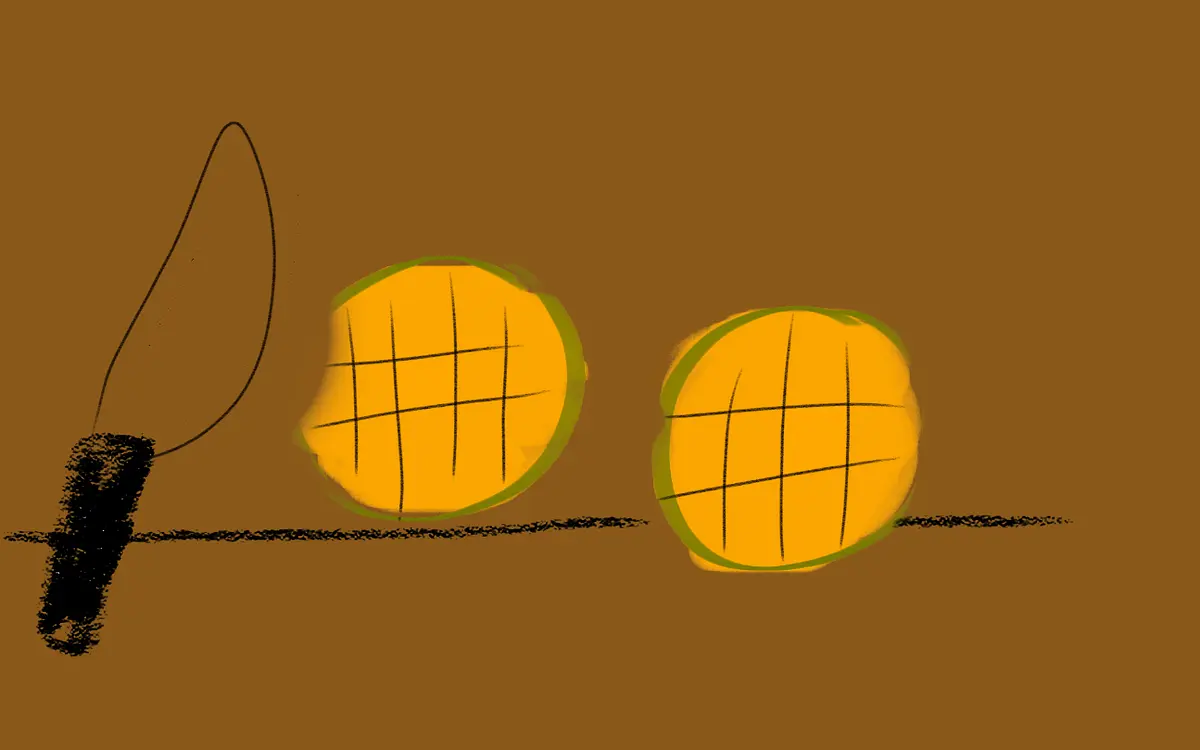 Cut the two mangos in half and then cut vertically and horizontally.