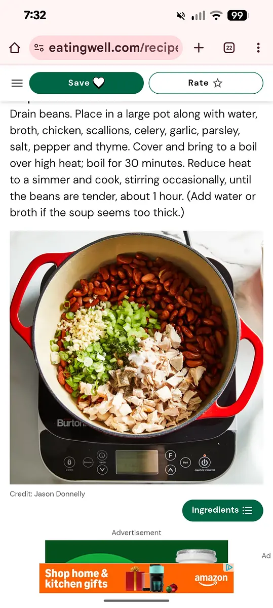 broth, chicken, scallions, celery, garlic, parsley, salt, pepper and thyme. Cover and bring to a boil over high heat; boil for 30 minutes. Reduce heat to a simmer and cook, stirring occasionally, until the beans are tender, about 1 hour. (Add water or broth if the soup seems too thick.)