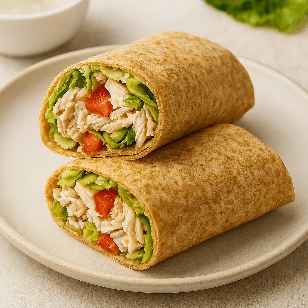 Instructions
Cook or reheat the chicken breast until fully done, then slice or shred it.
In a small bowl, mix Greek yogurt (or light mayo) with salt, pepper, and olive oil to make the sauce.
Lay the tortilla flat on a plate.
Spread the sauce evenly in the center of the tortilla.
Layer lettuce, tomato, cucumber, and chicken on top.
Add cheese if desired.
Fold in the sides of the tortilla, then roll it tightly from the bottom up.
Slice in half and serve immediately, or wrap in foil for later.