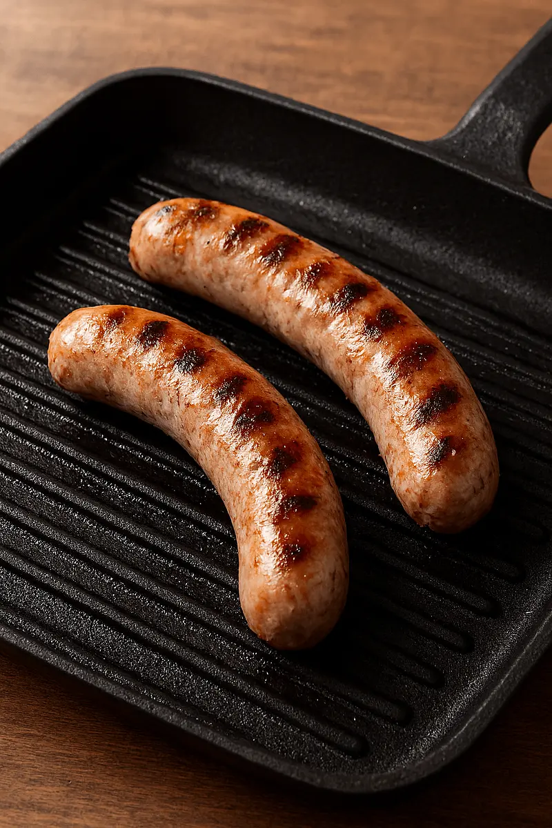- Heat a griddle pan or barbecue.
- Cook the botifarra sausages over medium-high heat until browned and cooked through (approx. 10–12 minutes), turning occasionally.
- No extra oil is needed, as the sausage releases its own fat.