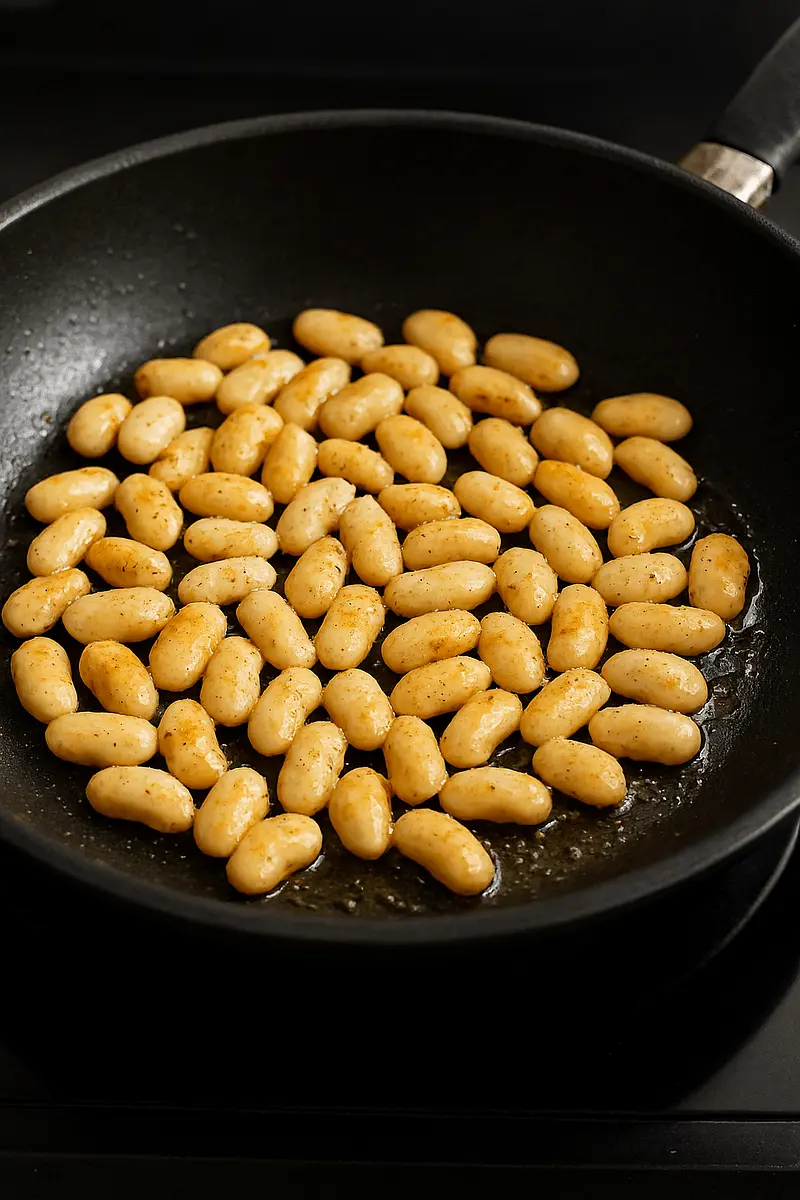 - If using pre-cooked beans, drain and rinse them.
- In a frying pan, heat 2 tablespoons of olive oil over medium heat.
- Add the white beans and sauté for 2–3 minutes until warm and slightly golden.