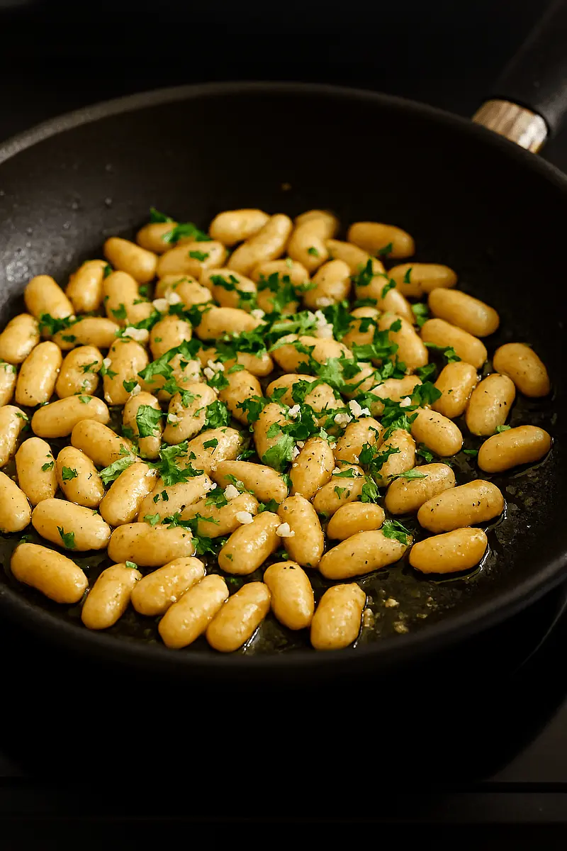 - Add the finely chopped garlic and parsley.
- Stir gently to coat the beans evenly.
- Add a pinch of salt and cook for another 1–2 minutes.