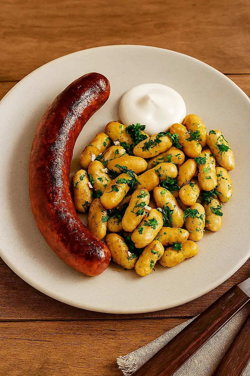 - Plate each sausage alongside a generous portion of seasoned beans.
- Optionally, add a spoonful of allioli on the side for extra flavour.
