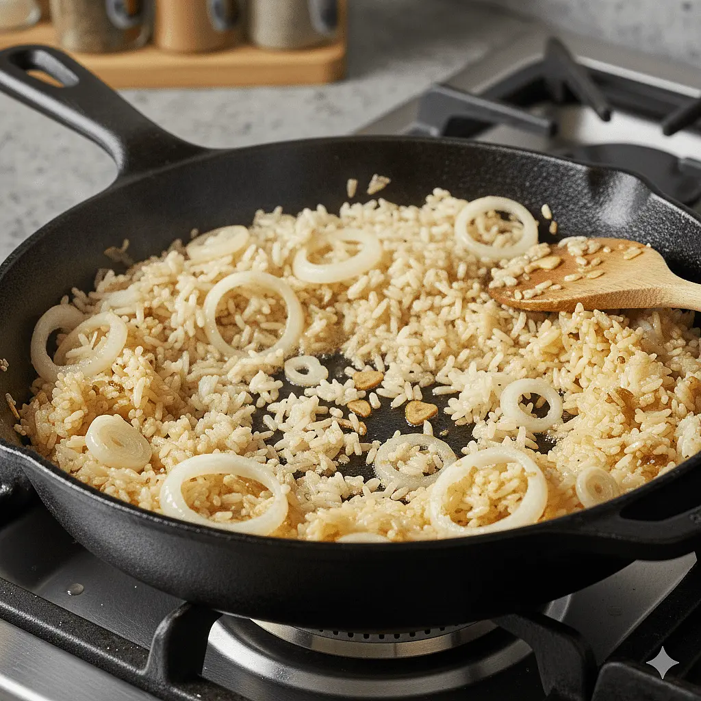 Agregar el arroz y freír hasta que comience a dorarce y agregar la sal