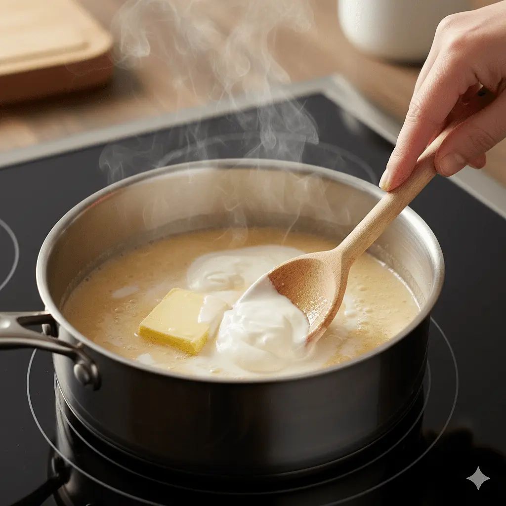 ​1. Preparazione della base liquida
In un pentolino a fuoco molto dolce, inserisci il burro, lo zucchero a velo e la panna. Mescola finché il burro non sarà completamente sciolto e il composto risulterà tiepido (attenzione: non deve bollire).