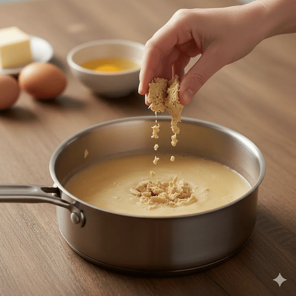 ​​2. Attivazione del lievito e impasto
​Togli dal fuoco e sbriciola il lievito di birra all'interno del composto tiepido, mescolando finché non si scioglie. Aggiungi l'uovo intero e il tuorlo, sbattendo leggermente con una forchetta.