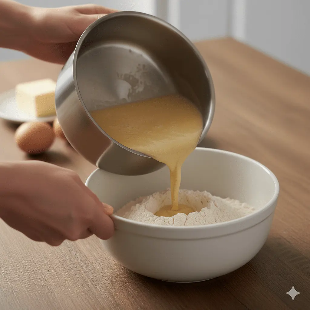 ​3. Impasto principale
Versa la farina in una ciotola capiente (o nella planetaria). Unisci gradualmente il composto liquido e inizia a impastare energicamente fino a ottenere un panetto liscio, elastico e omogeneo.